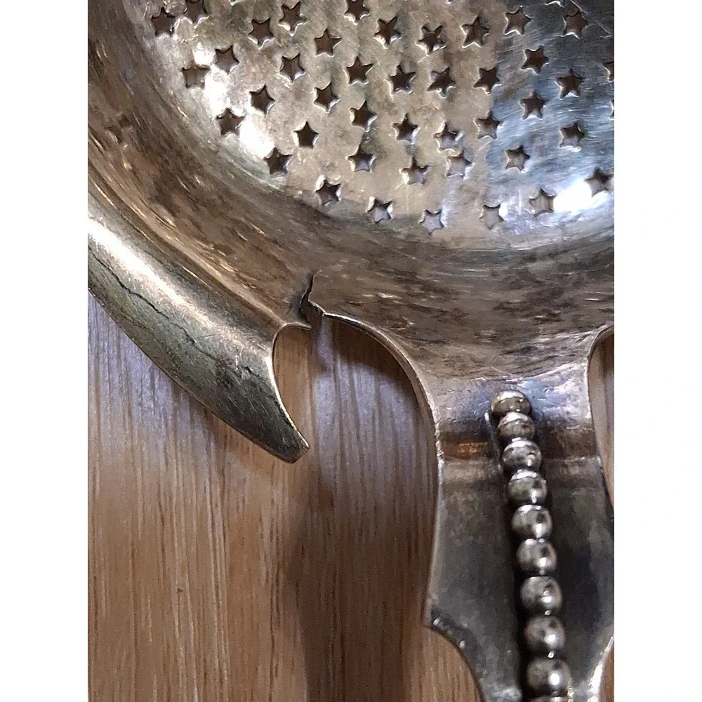 WOOD & HUGHES pierced Serving Ladle / Sifter MEDALLION 3D face. Rare 1870s